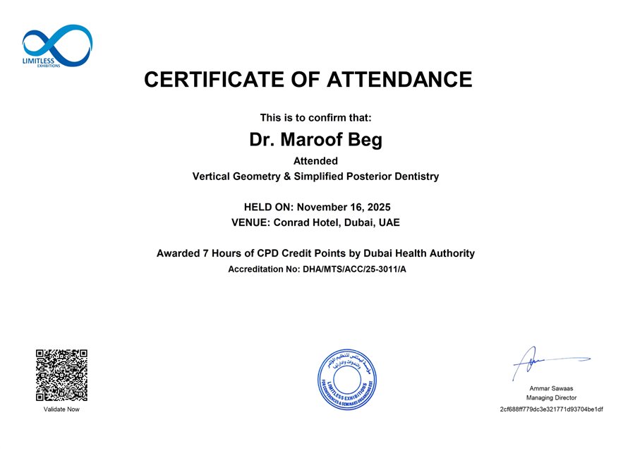 Certificate of Attendance, Vertical Geometry and Simplified Posterior Dentistry