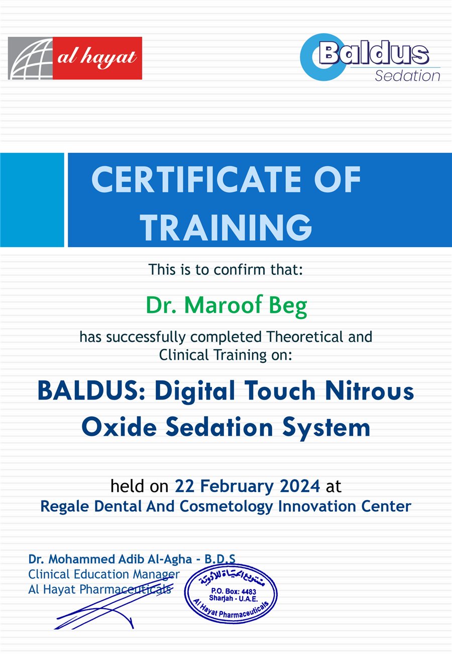 Certificate of Training, Baldus Digital Touch Nitrous Oxide Sedation System