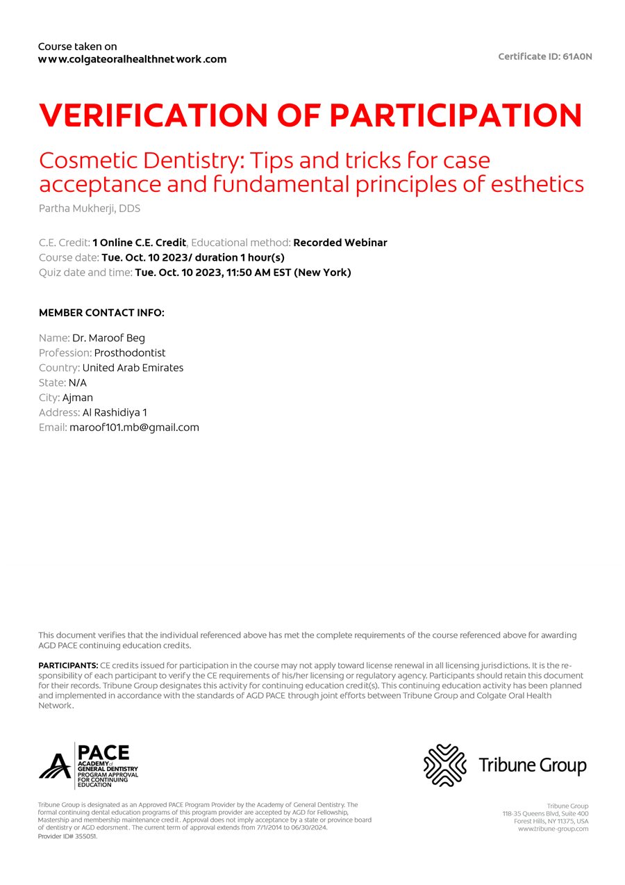 Continuing education certificate, Cosmetic Dentistry: Tips and Tricks for Case Acceptance