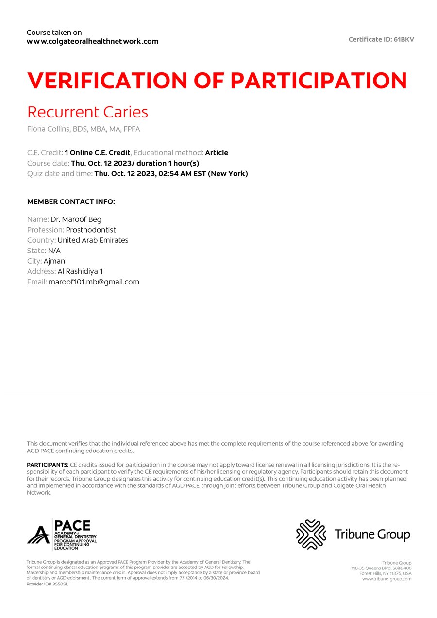 Continuing education certificate, Recurrent Caries