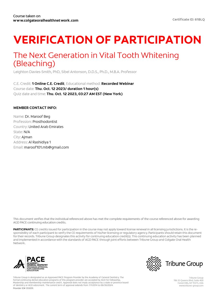 Continuing education certificate, The Next Generation in Vital Tooth Whitening