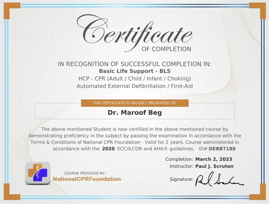 Basic Life Support and CPR Certificate of Completion, National CPR Foundation, completed 2 March 2023