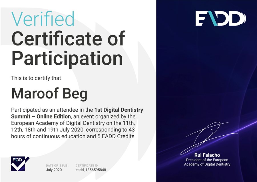 Certificate of Participation, 1st Digital Dentistry Summit, European Academy of Digital Dentistry