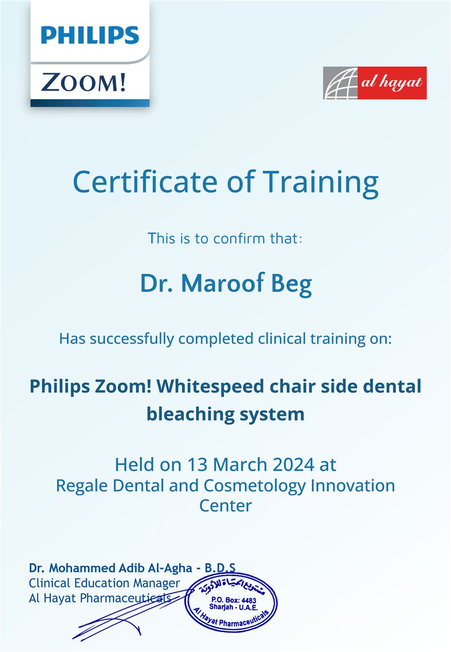 Certificate of Training, Philips Zoom! Whitespeed chairside dental bleaching system