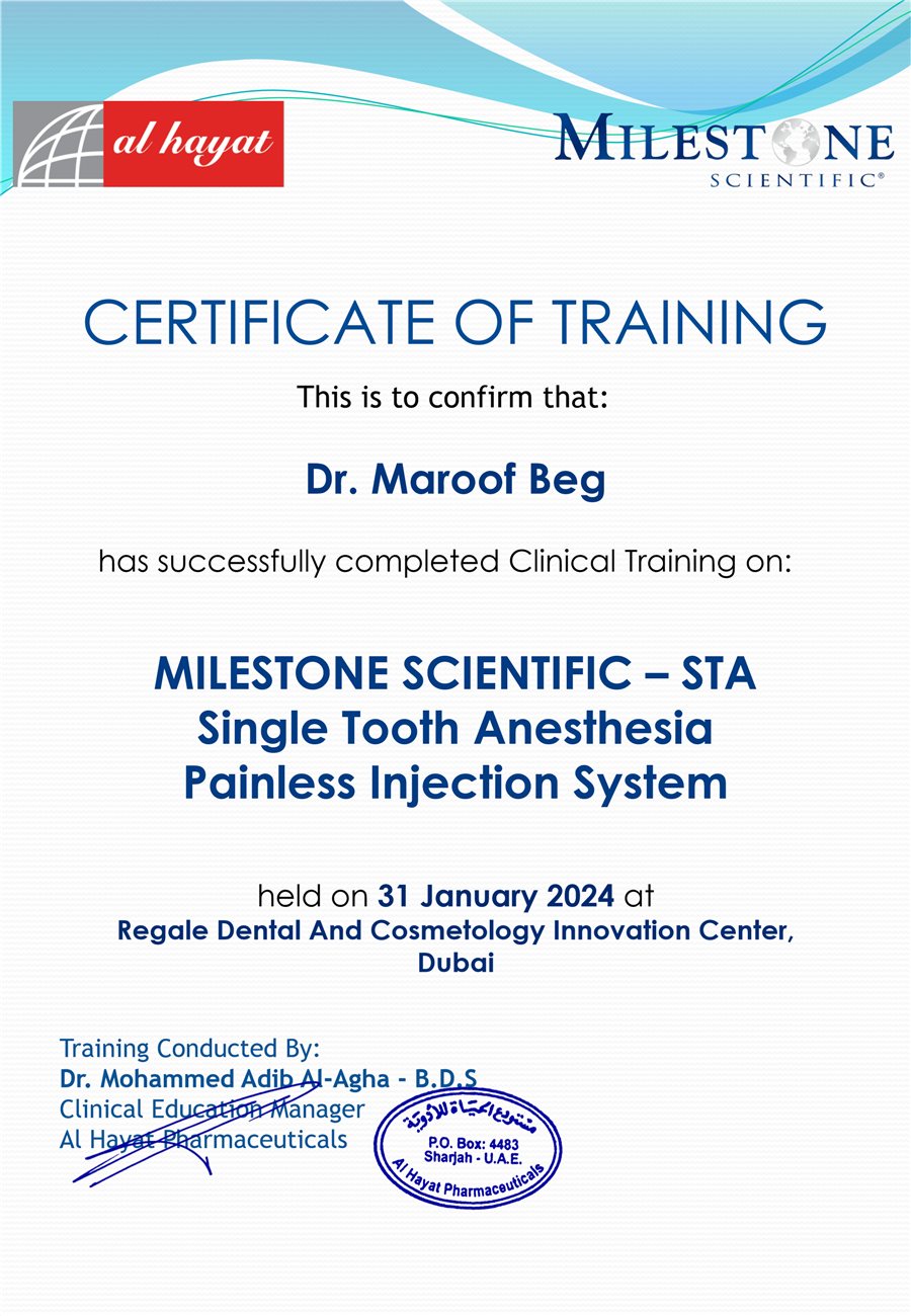 Certificate of Training, Milestone Scientific STA Single Tooth Anesthesia Painless Injection System