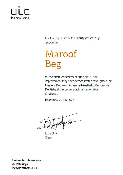 Recognition letter from the Faculty of Dentistry, Universitat Internacional de Catalunya, commending Maroof Beg's Master's degree studies, signed by Dean Lluís Giner, 21 July 2022