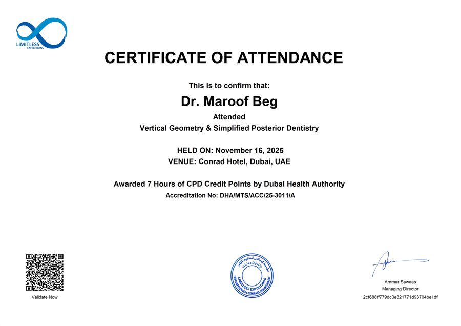 Certificate of Attendance, Vertical Geometry and Simplified Posterior Dentistry