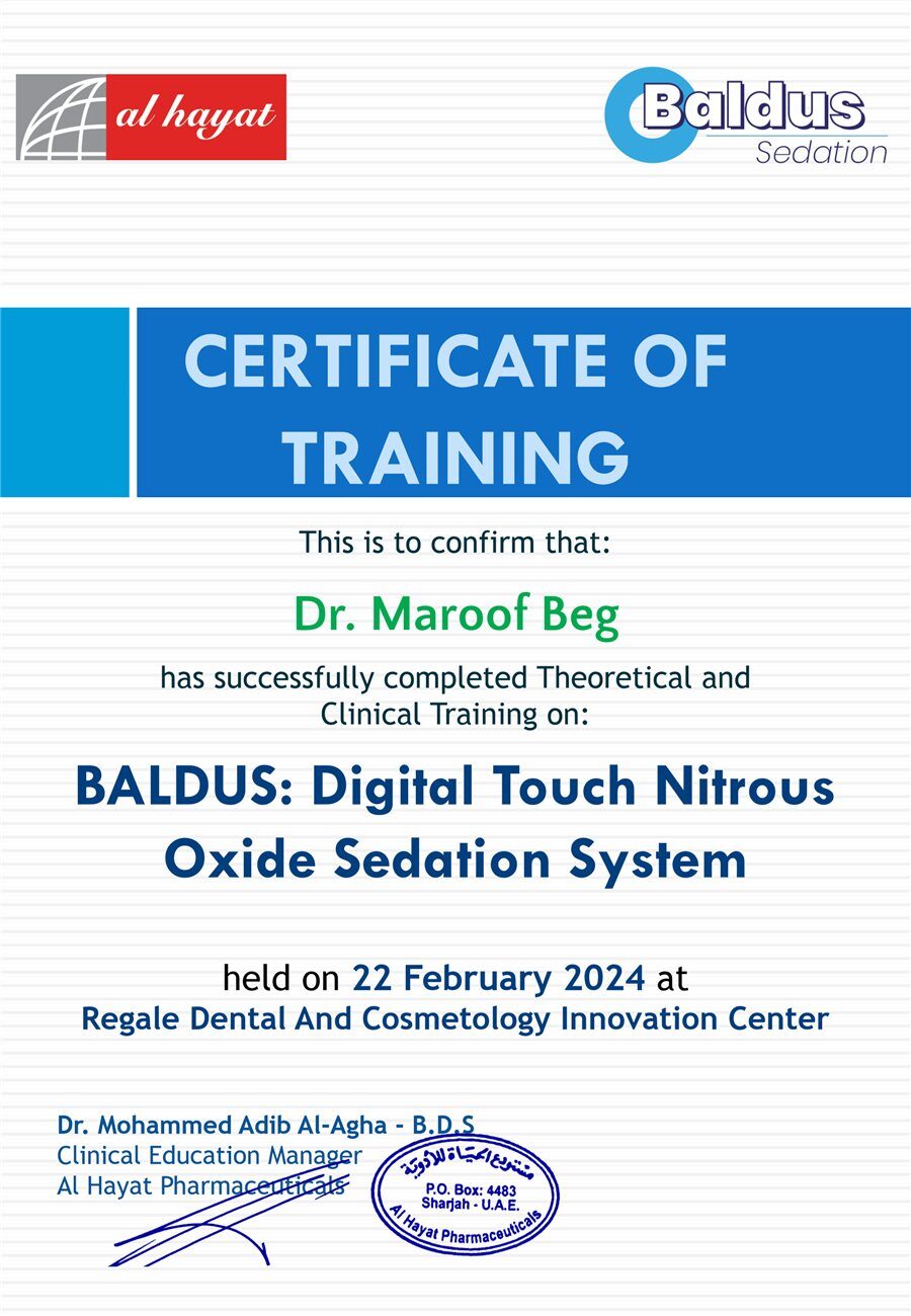 Certificate of Training, Baldus Digital Touch Nitrous Oxide Sedation System