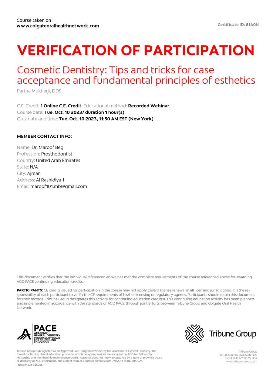 Continuing education certificate, Cosmetic Dentistry: Tips and Tricks for Case Acceptance