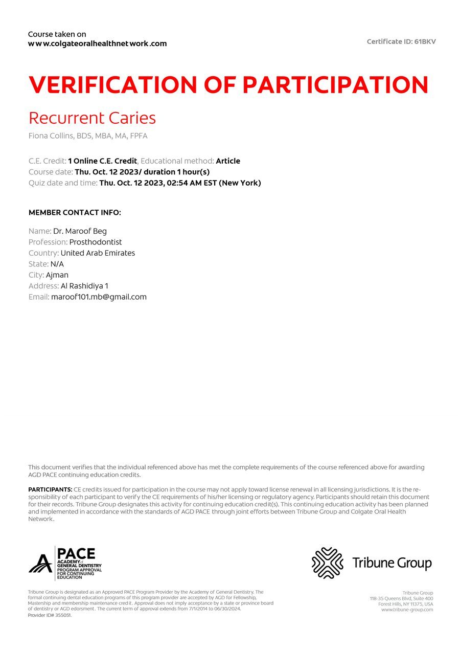 Continuing education certificate, Recurrent Caries