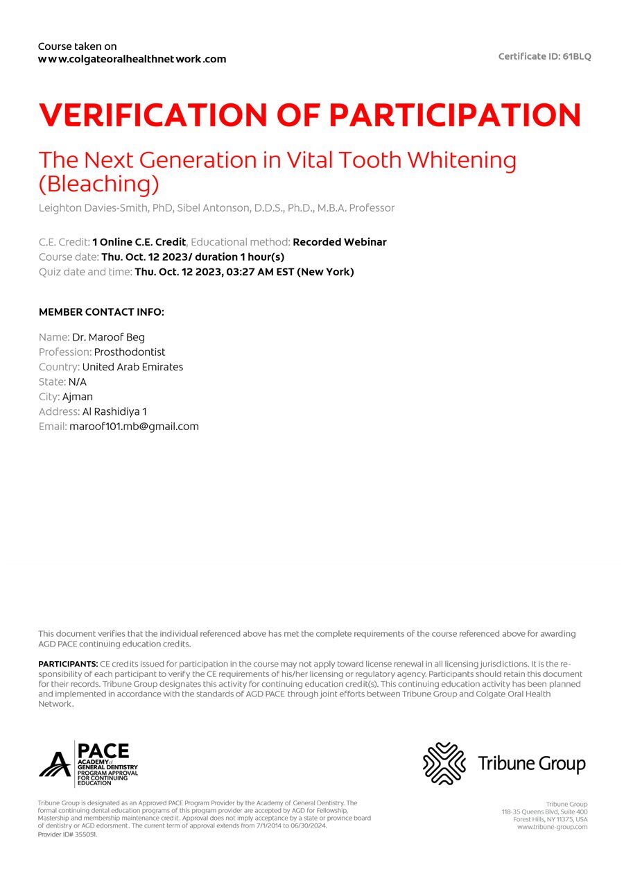 Continuing education certificate, The Next Generation in Vital Tooth Whitening