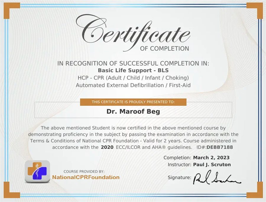 Basic Life Support and CPR Certificate of Completion, National CPR Foundation, completed 2 March 2023